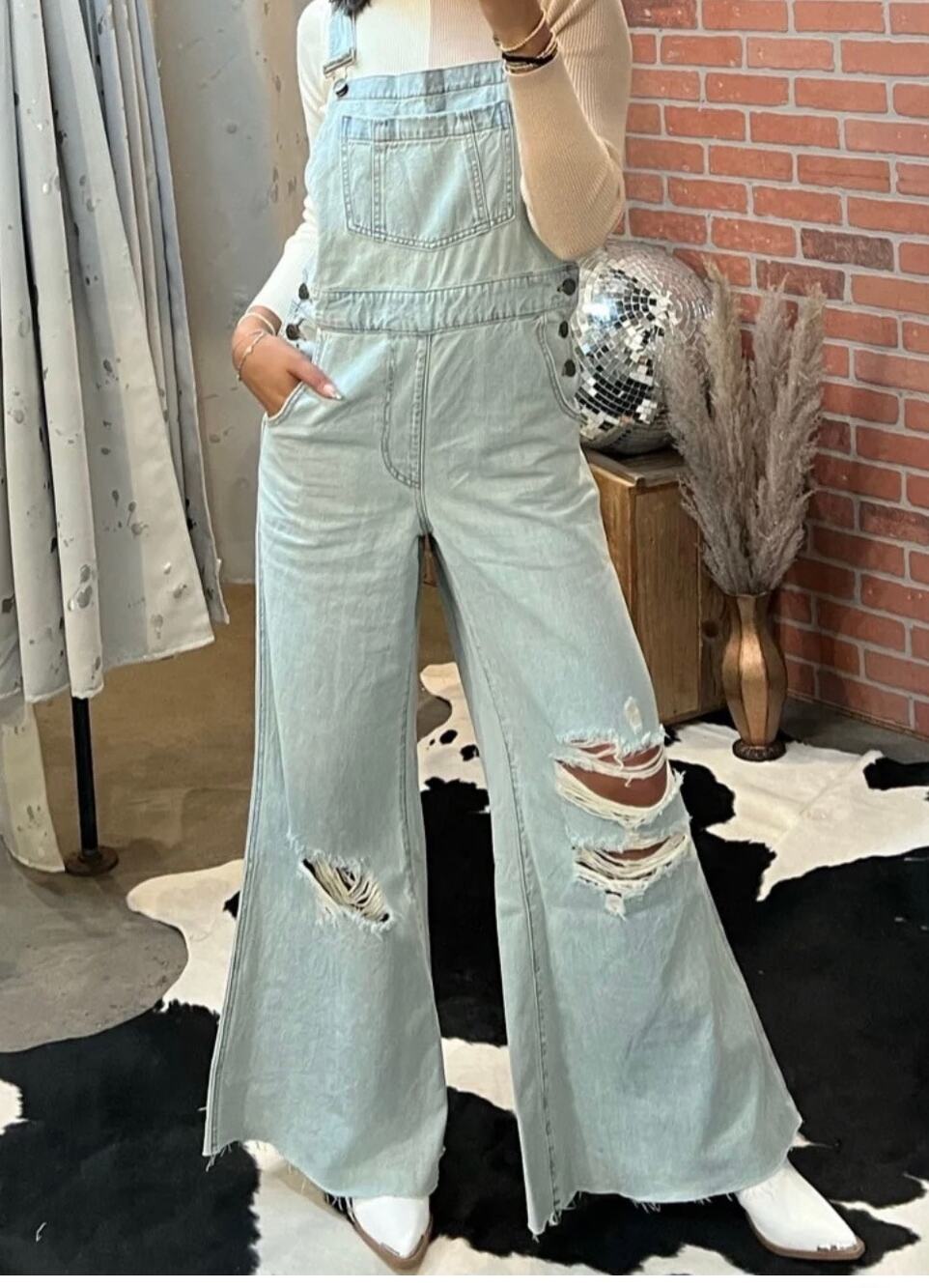 Show Me Your Mumu Trenton Overalls S Faded Indigo Distressed Wide Leg Denim